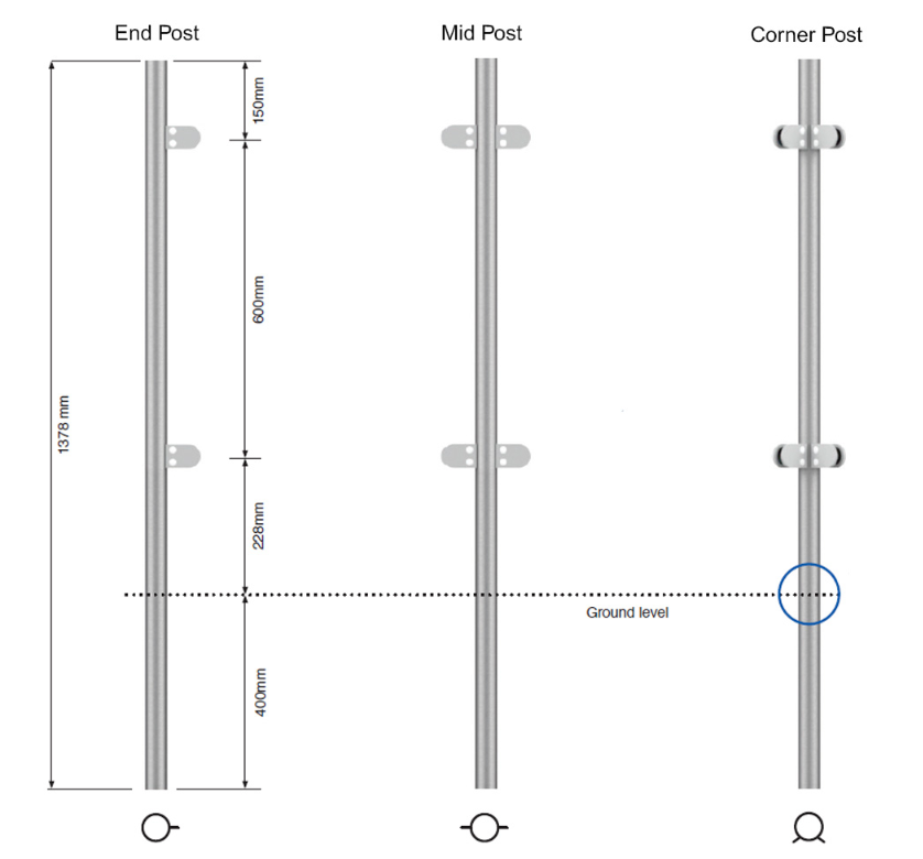 42.4mm End, Mid & Corner Post Fully Assembled - 316 - For Concrete-In Fix Without Top, 1378mm High