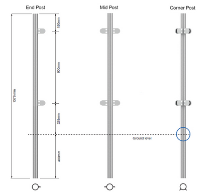 42.4mm End, Mid & Corner Post Fully Assembled - 316 - For Concrete-In Fix Without Top, 1378mm High